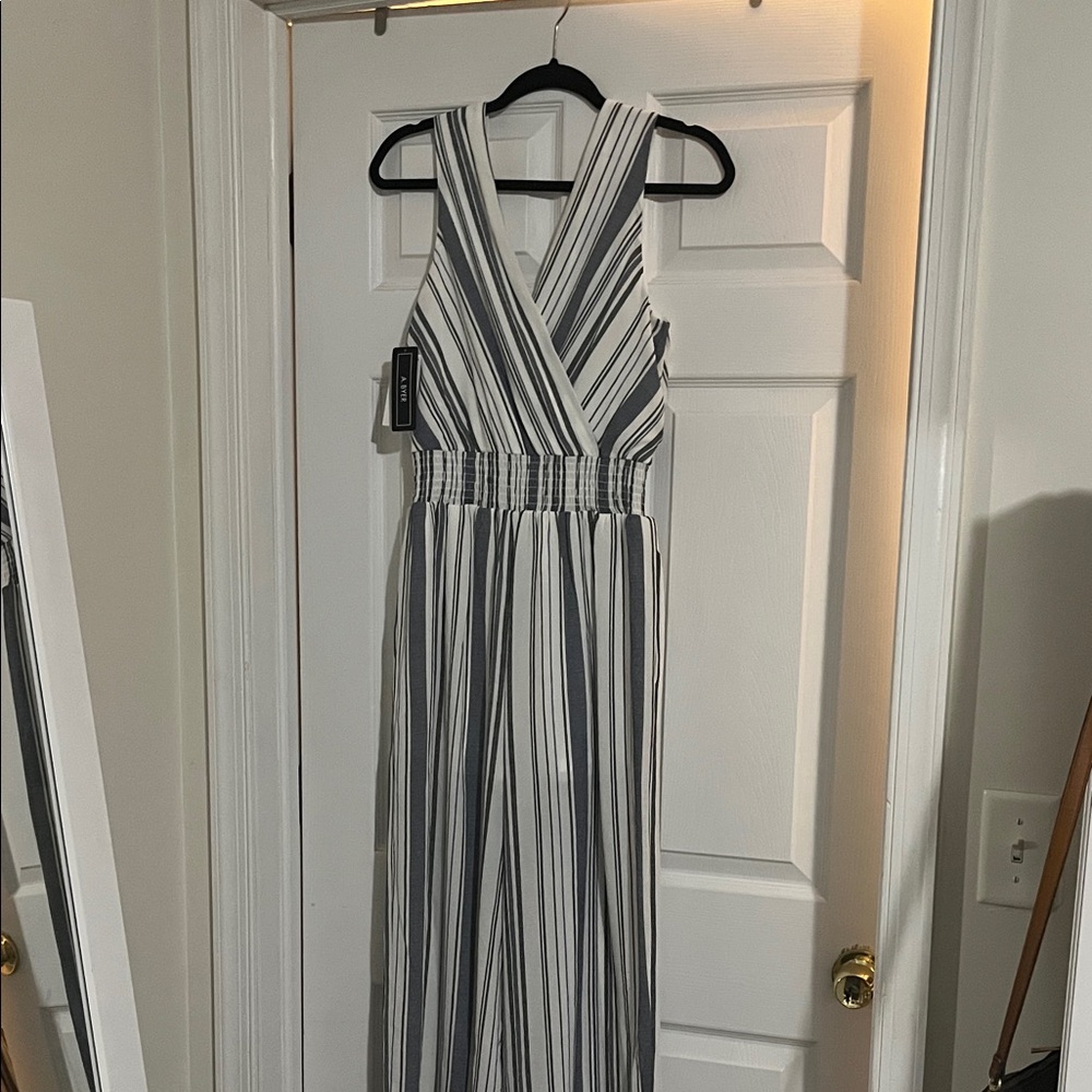 A. Byer Blue, black and White Striped Jumpsuit